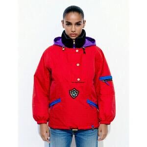 Vintage Unisex Obermeyer Red Jacket Warm Black Purple Collard Hoodie Nylon XL